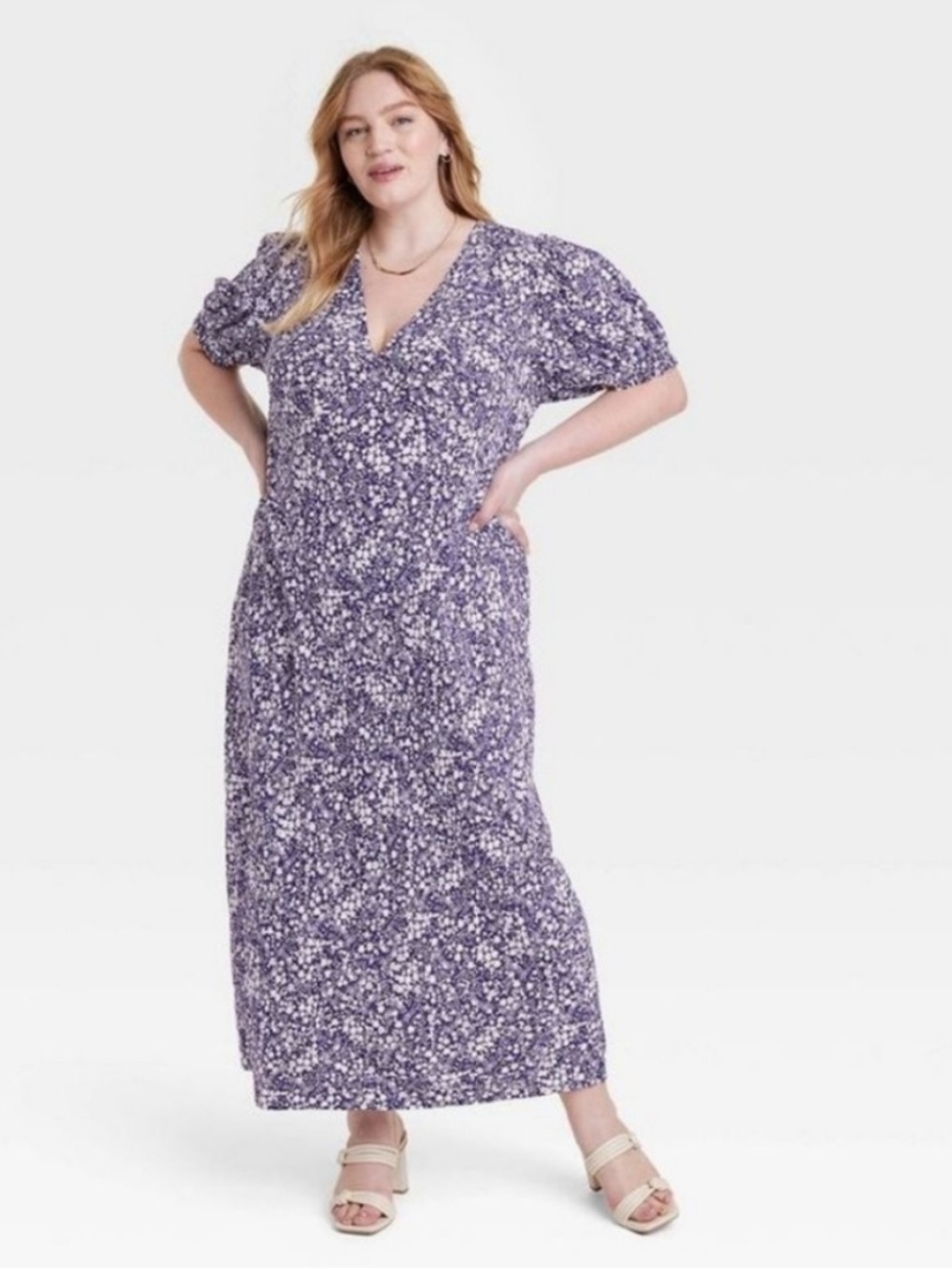 A New Day Crepe Puff Short Sleeve Maxi Dress Floral Blue White XXL NWT